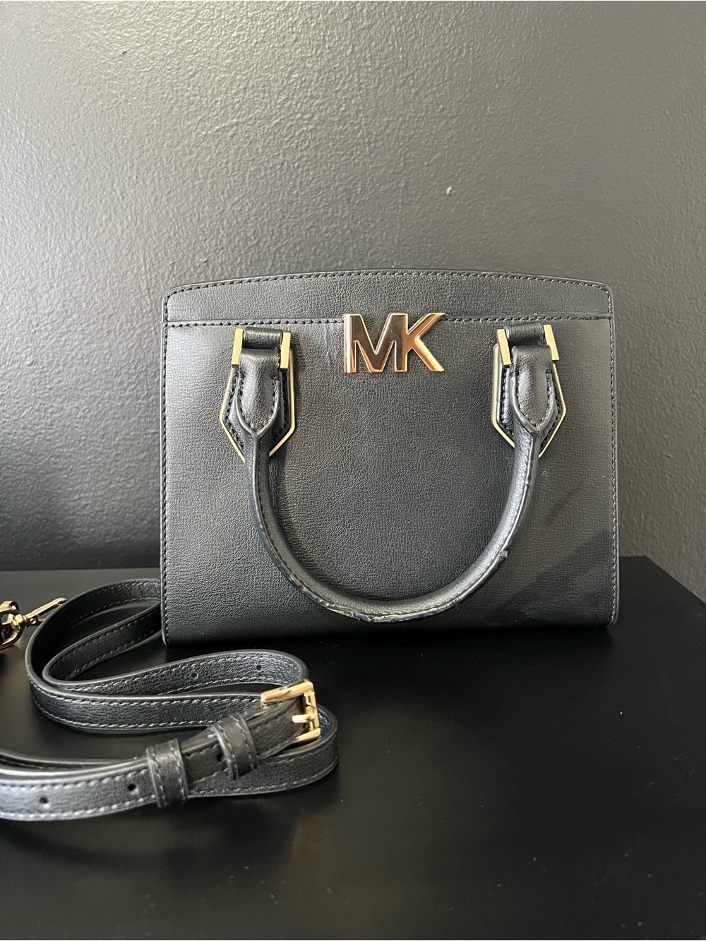 Michael Kors Black Leather Mini Satchel with Gold MK Hardware